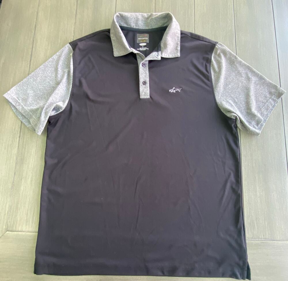Greg Norman Golf Polo • Large • Black/Gray • Shark Logo • 100% Polyester